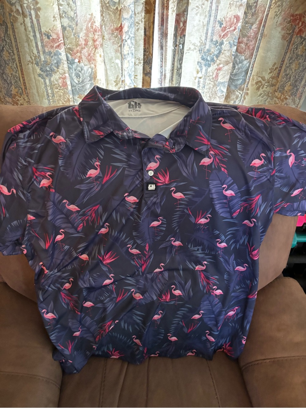 Men's Navy Polo with Pink Flamingo Print